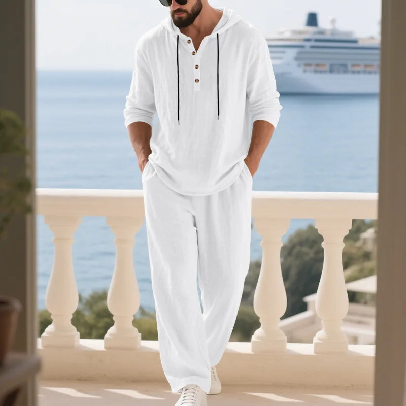 Costume décontracté en lin pour hommes, chemise Henley ample à capuche, pantalon à manches longues, automne transfrontalier
