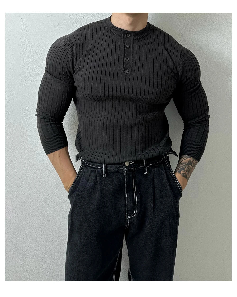 T-shirt boutonné à manches longues pour hommes, tricots de loisirs rétro, col Henry, vêtements de luxe légers, coréen populaire, automne