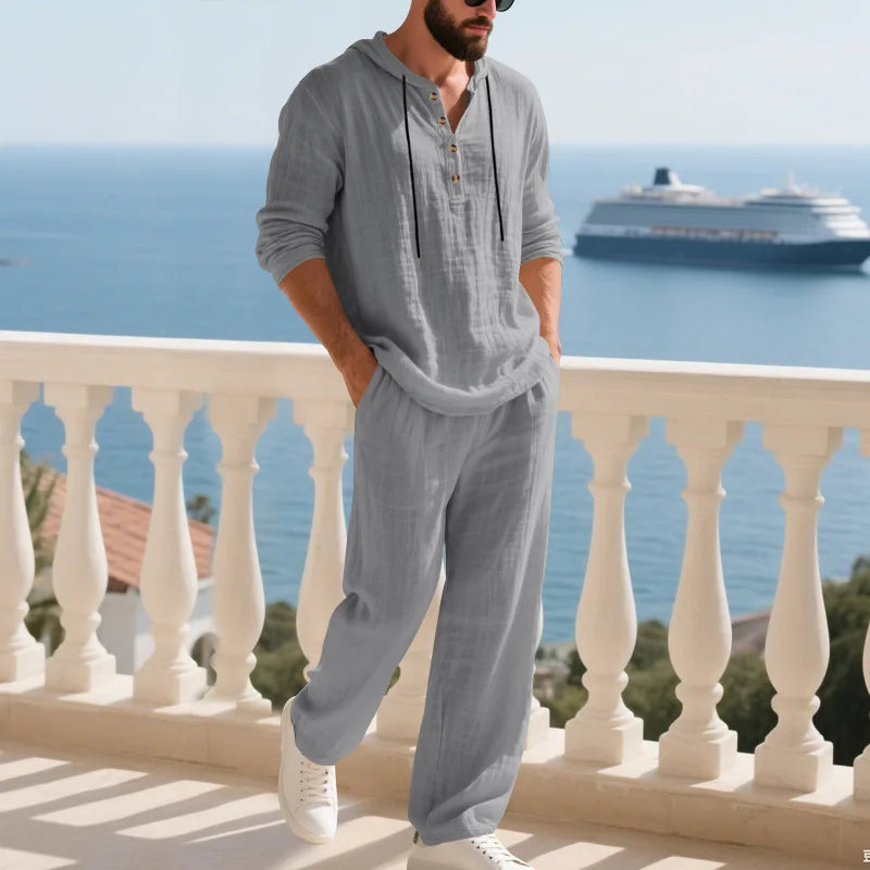Costume décontracté en lin pour hommes, chemise Henley ample à capuche, pantalon à manches longues, automne transfrontalier