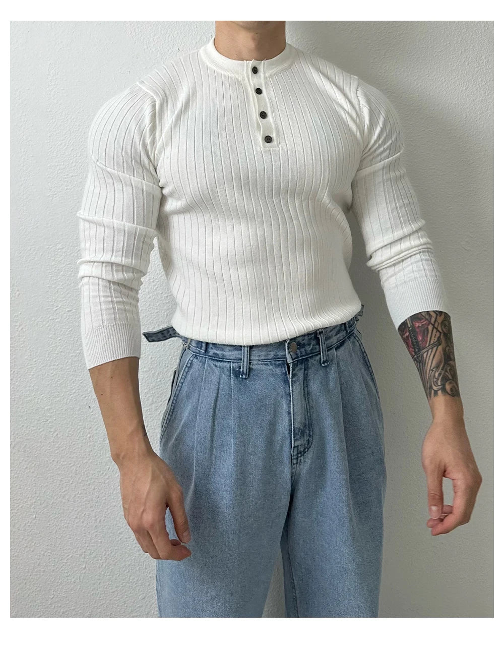 T-shirt boutonné à manches longues pour hommes, tricots de loisirs rétro, col Henry, vêtements de luxe légers, coréen populaire, automne