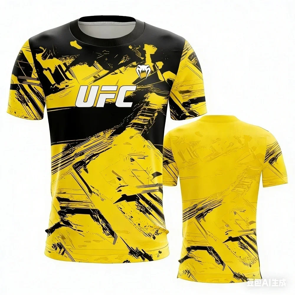 T-shirt graphique graffiti jaune et noir pour homme, séchage rapide, respirant, manches courtes, idéal pour le sport, la gym, l'entraînement MMA, l'été