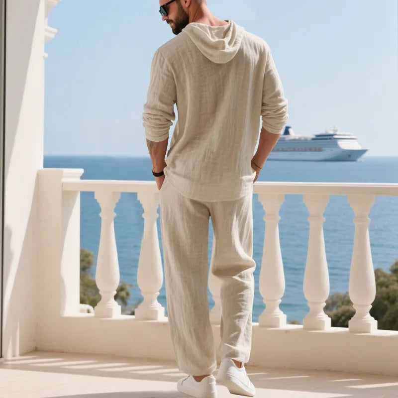 Costume décontracté en lin pour hommes, chemise Henley ample à capuche, pantalon à manches longues, automne transfrontalier