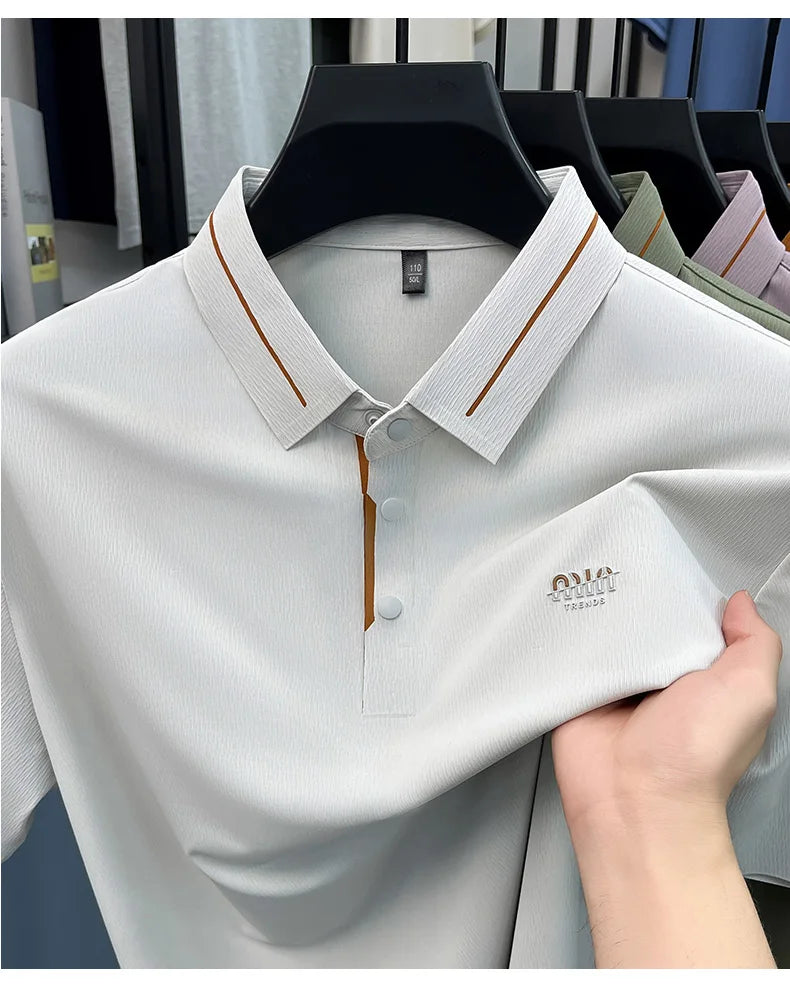 Luxe marque glace soie manches courtes polo shirt homme été mode lettre en Gaufrage confort respirant loisir haut de gamme T-shirt