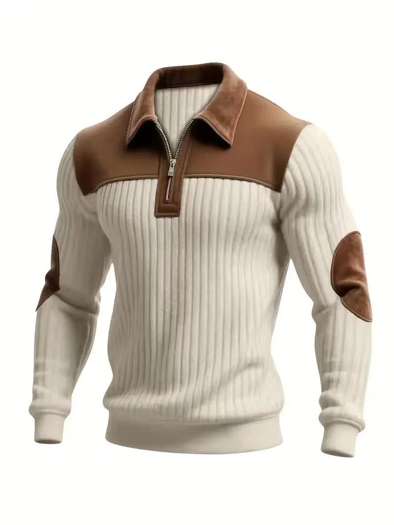Sweat-shirt sport décontracté en velours côtelé color-block pour homme, col montant boutonné, coupe ample, collection Printemps-Automne 2026