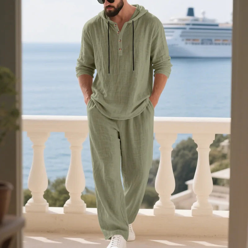 Costume décontracté en lin pour hommes, chemise Henley ample à capuche, pantalon à manches longues, automne transfrontalier