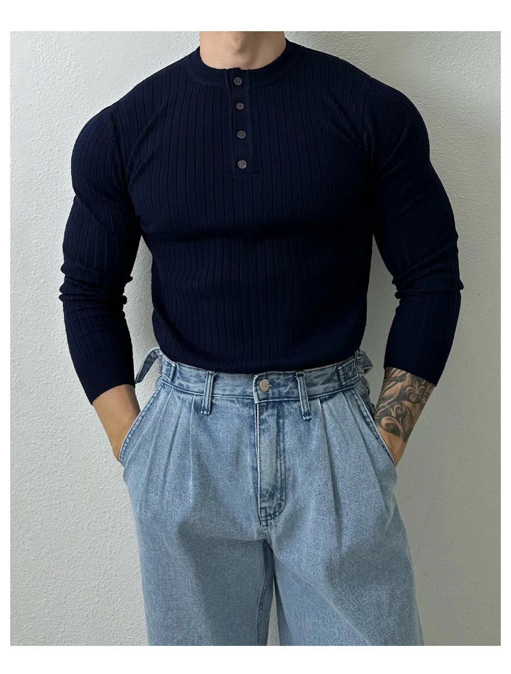 T-shirt boutonné à manches longues pour hommes, tricots de loisirs rétro, col Henry, vêtements de luxe légers, coréen populaire, automne