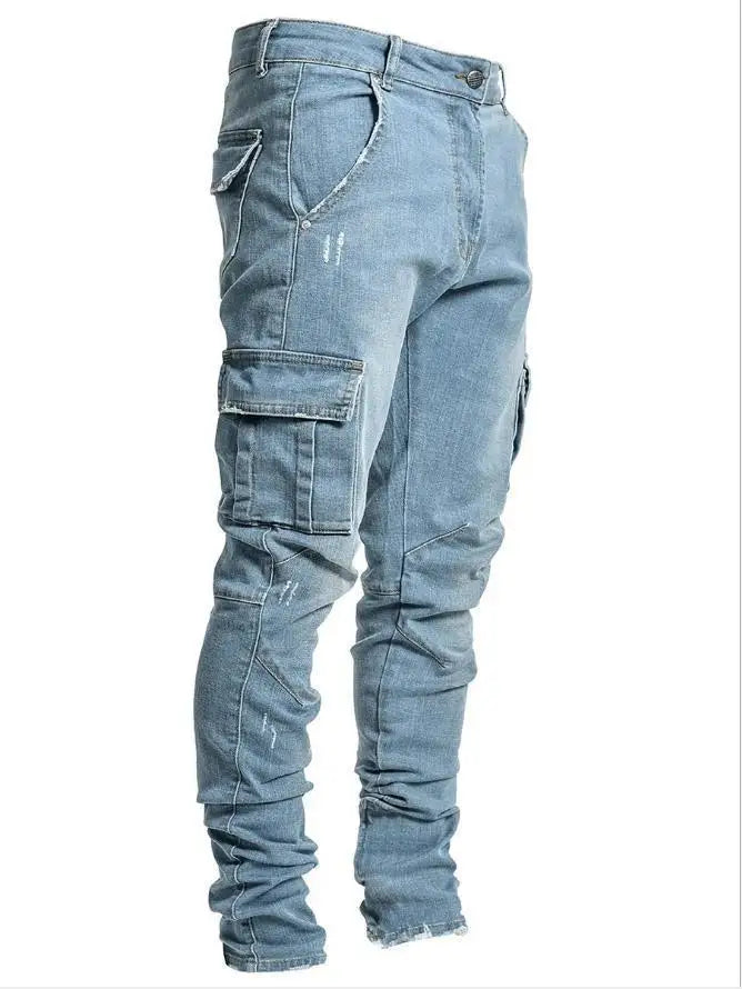 Jeans Cargo Homme 2026 – Pantalon en Denim Uni Multi-Poches Taille Moyenne – Grande Taille – Tendance Décontractée pour Usage Quotidien