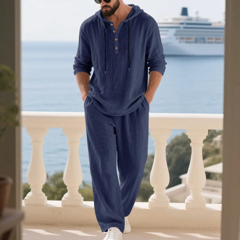 Costume décontracté en lin pour hommes, chemise Henley ample à capuche, pantalon à manches longues, automne transfrontalier