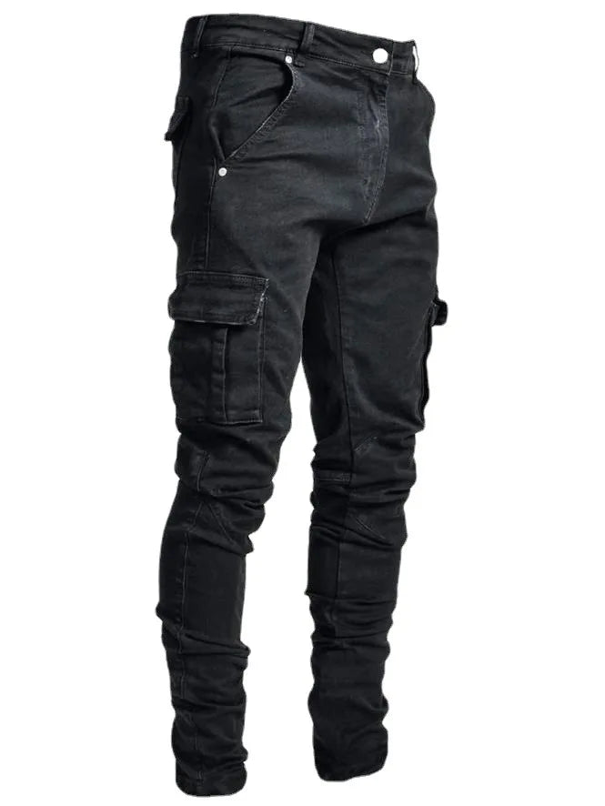 Jeans Cargo Homme 2026 – Pantalon en Denim Uni Multi-Poches Taille Moyenne – Grande Taille – Tendance Décontractée pour Usage Quotidien