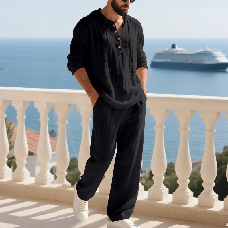 Costume décontracté en lin pour hommes, chemise Henley ample à capuche, pantalon à manches longues, automne transfrontalier