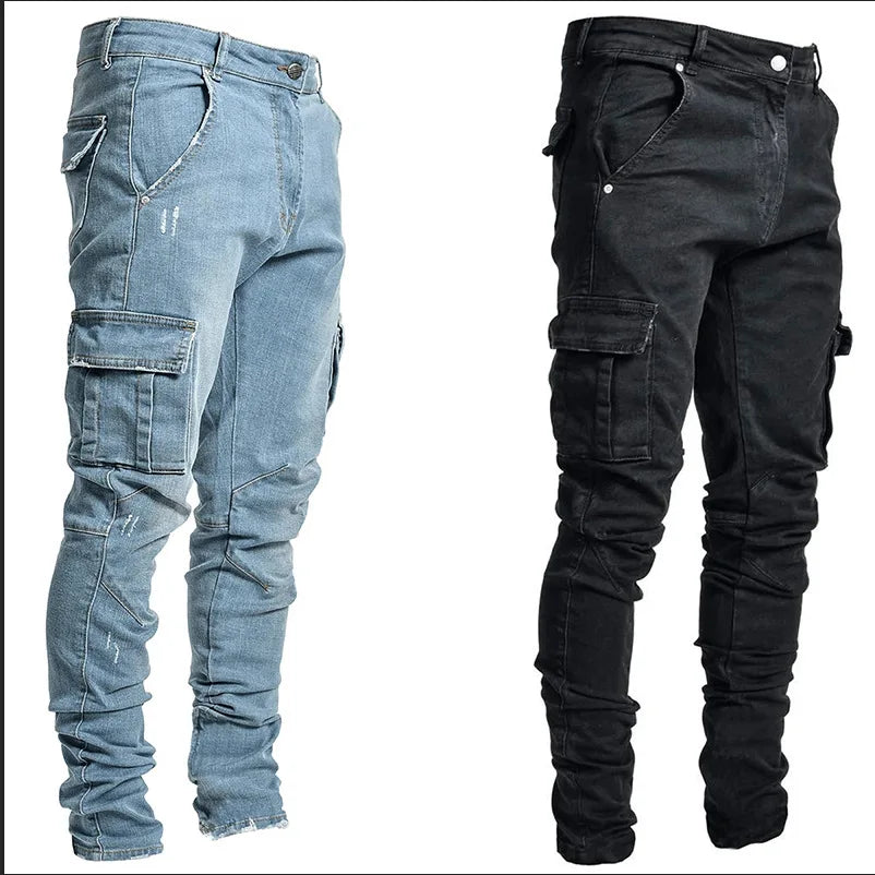 Jeans Cargo Homme 2026 – Pantalon en Denim Uni Multi-Poches Taille Moyenne – Grande Taille – Tendance Décontractée pour Usage Quotidien