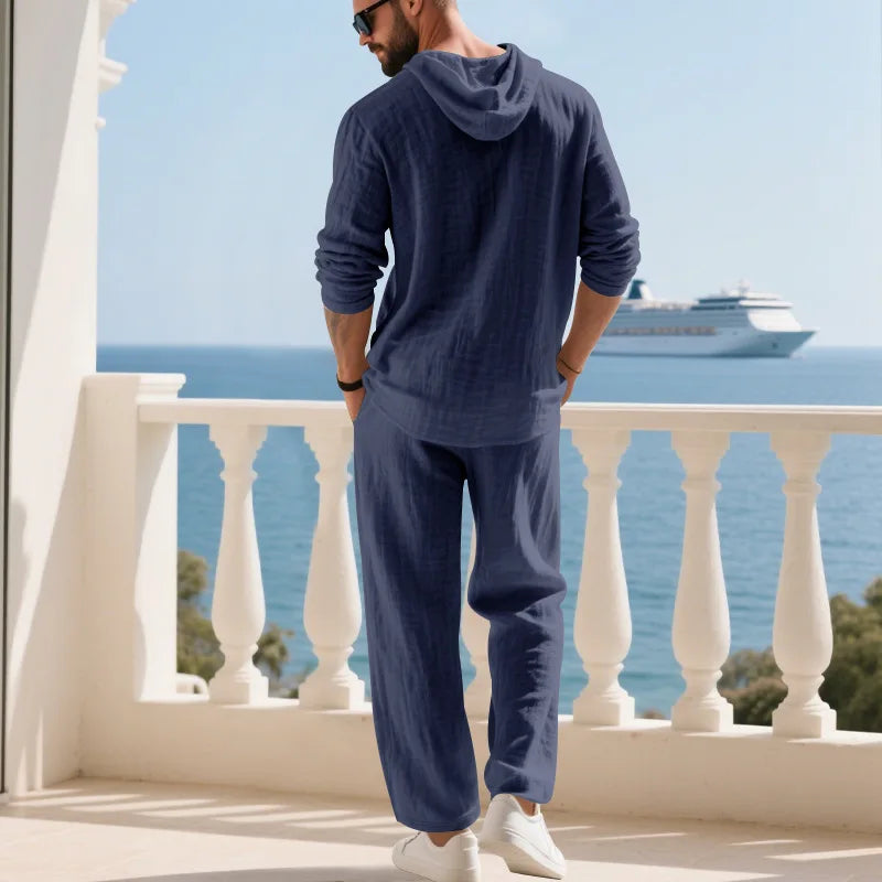 Costume décontracté en lin pour hommes, chemise Henley ample à capuche, pantalon à manches longues, automne transfrontalier