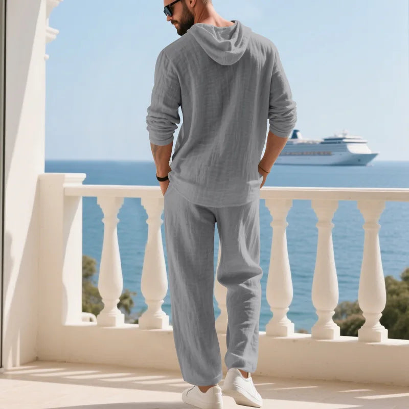 Costume décontracté en lin pour hommes, chemise Henley ample à capuche, pantalon à manches longues, automne transfrontalier