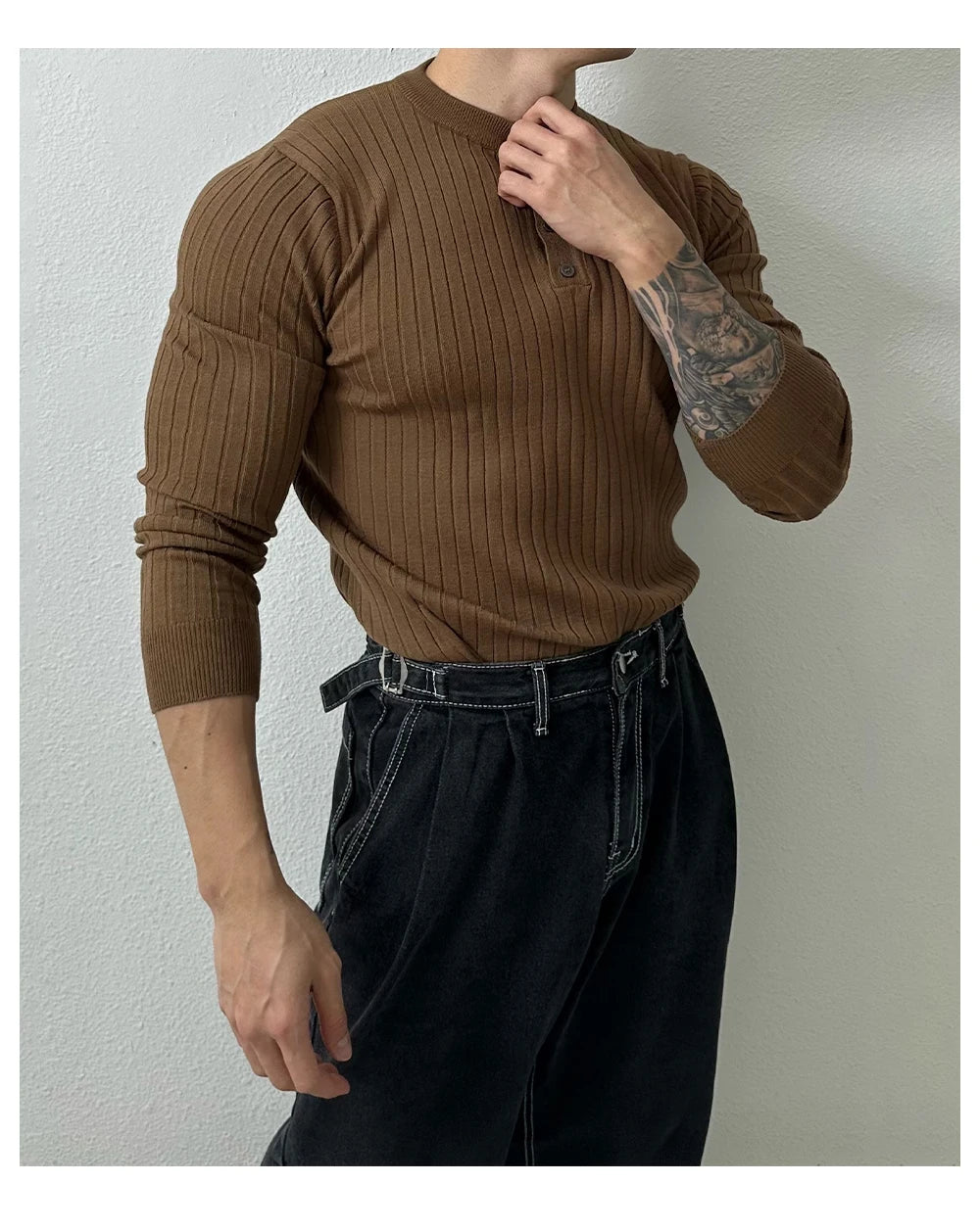 T-shirt boutonné à manches longues pour hommes, tricots de loisirs rétro, col Henry, vêtements de luxe légers, coréen populaire, automne