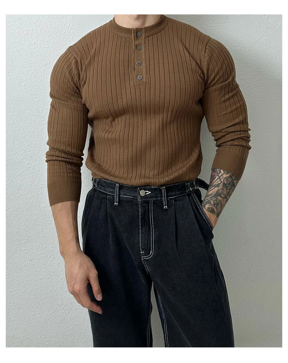 T-shirt boutonné à manches longues pour hommes, tricots de loisirs rétro, col Henry, vêtements de luxe légers, coréen populaire, automne