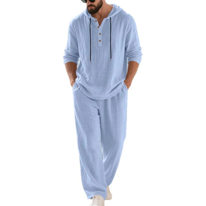 Costume décontracté en lin pour hommes, chemise Henley ample à capuche, pantalon à manches longues, automne transfrontalier