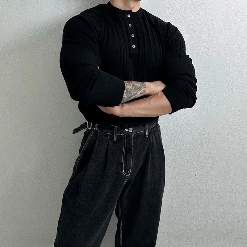 T-shirt boutonné à manches longues pour hommes, tricots de loisirs rétro, col Henry, vêtements de luxe légers, coréen populaire, automne