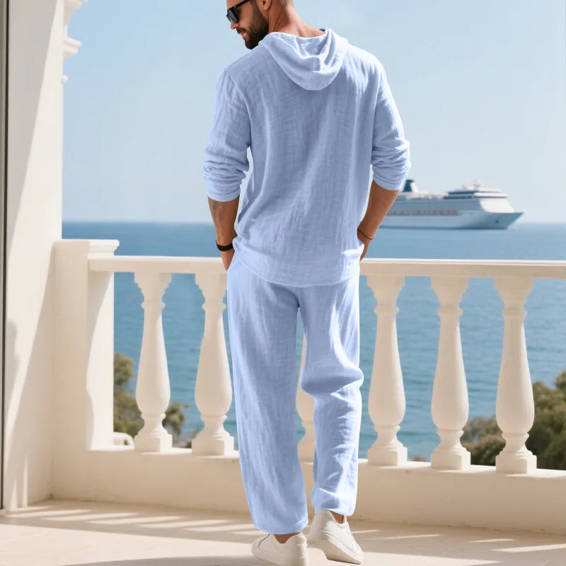 Costume décontracté en lin pour hommes, chemise Henley ample à capuche, pantalon à manches longues, automne transfrontalier
