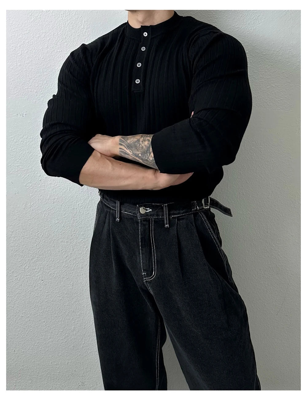 T-shirt boutonné à manches longues pour hommes, tricots de loisirs rétro, col Henry, vêtements de luxe légers, coréen populaire, automne