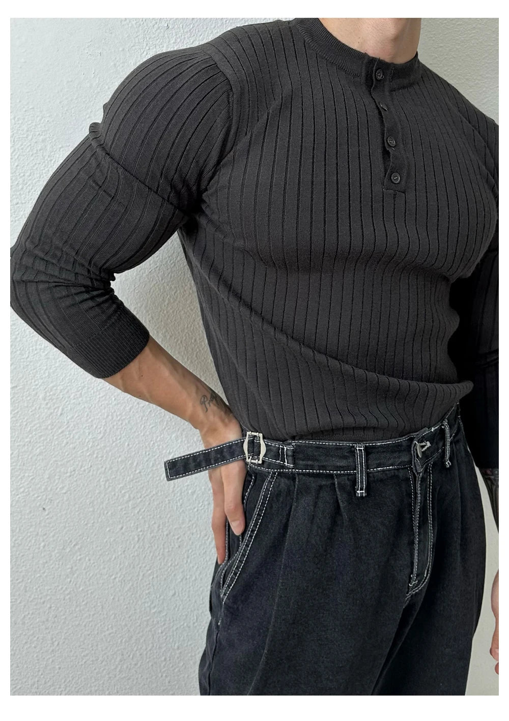 T-shirt boutonné à manches longues pour hommes, tricots de loisirs rétro, col Henry, vêtements de luxe légers, coréen populaire, automne