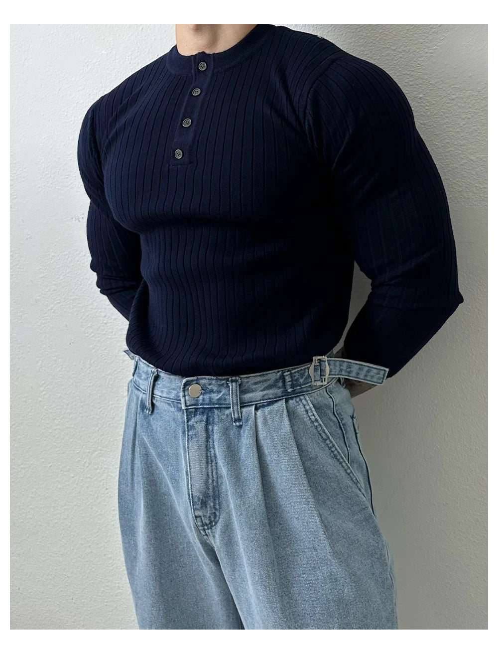 T-shirt boutonné à manches longues pour hommes, tricots de loisirs rétro, col Henry, vêtements de luxe légers, coréen populaire, automne
